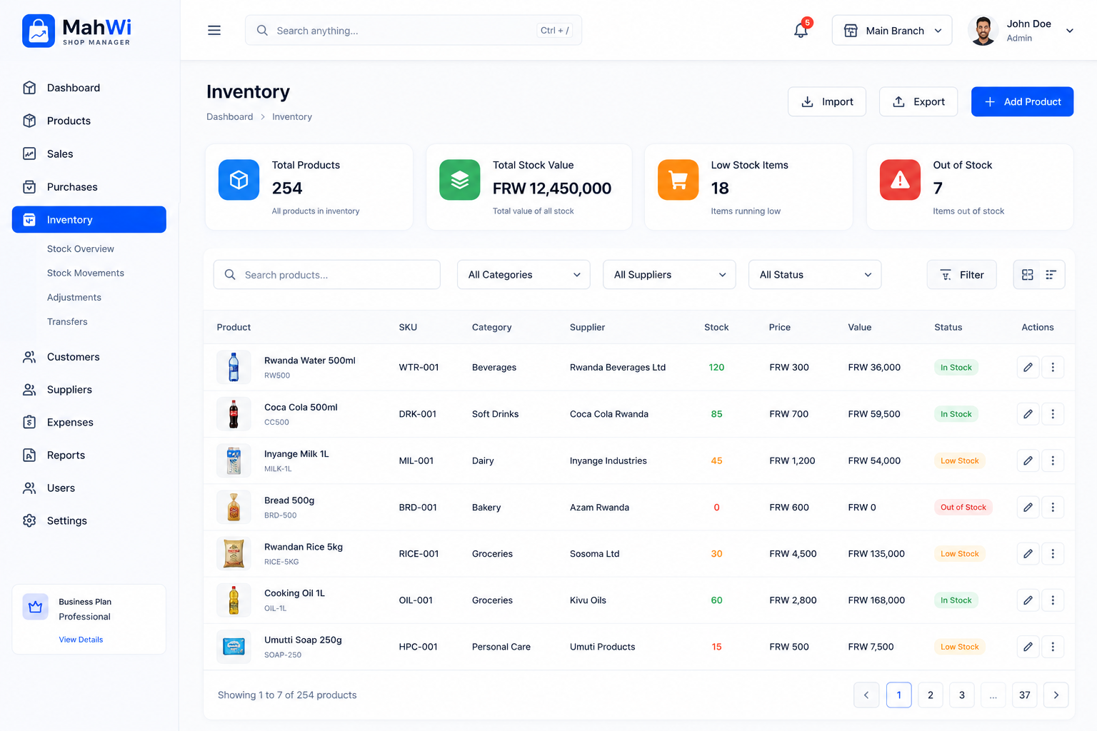 MahWi inventory screen showing stock levels and low-stock alerts